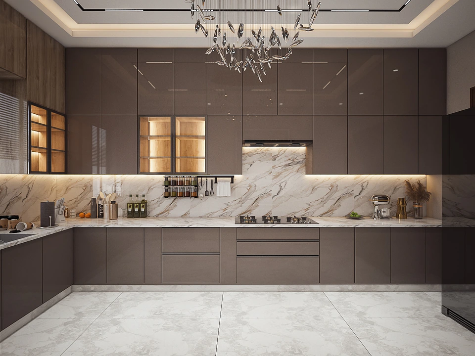 Attock Residence — gloss cabinetry against a Calacatta-marble backsplash, with glass display cabinets lit from within