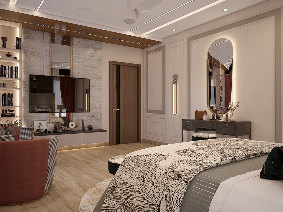 Attock Residence — statement lighting layered against soft ivory tones