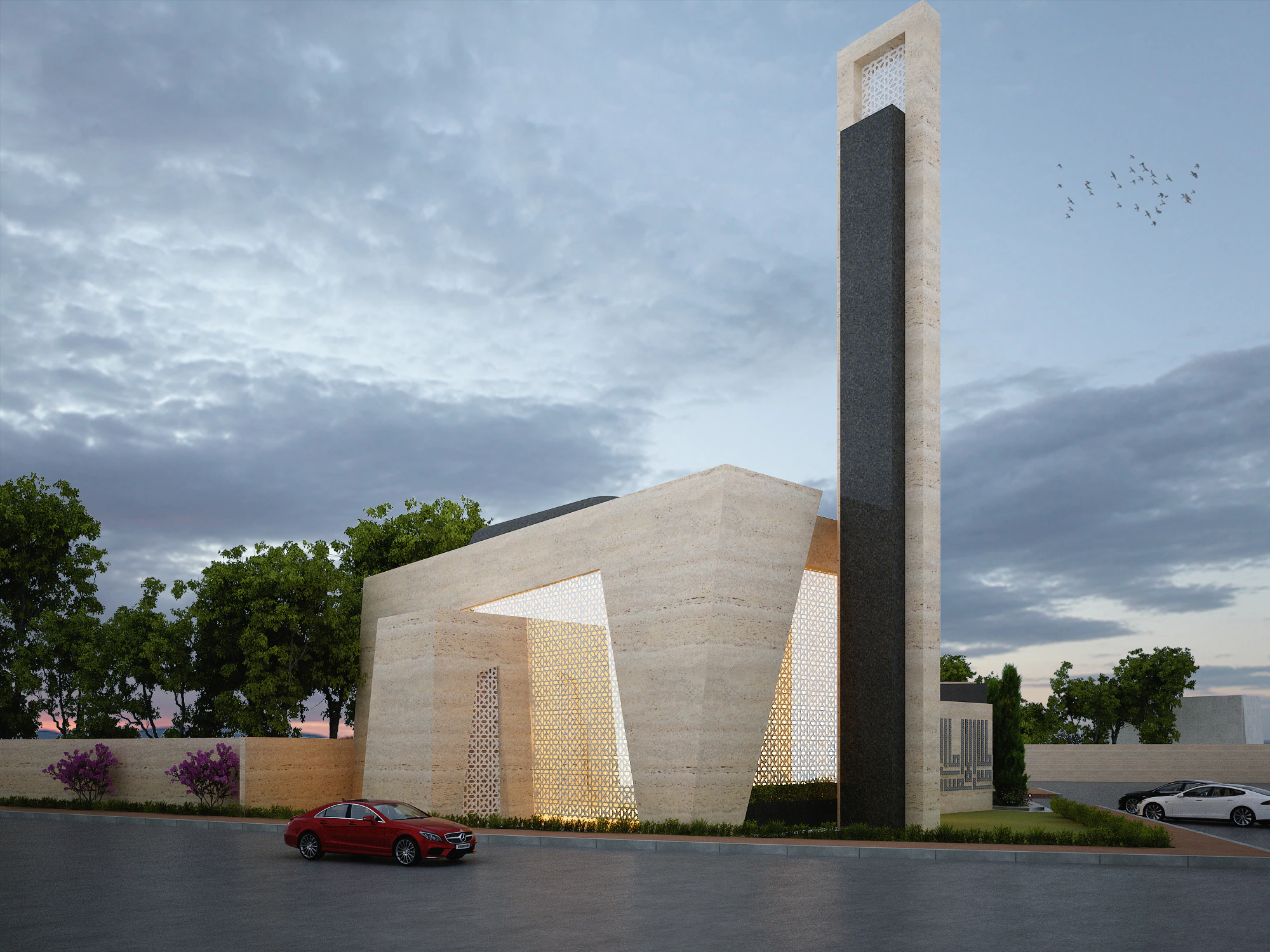 Waadi-e-Sitara Mosque, Faisalabad — perforated geometric screens and a freestanding minaret at dusk