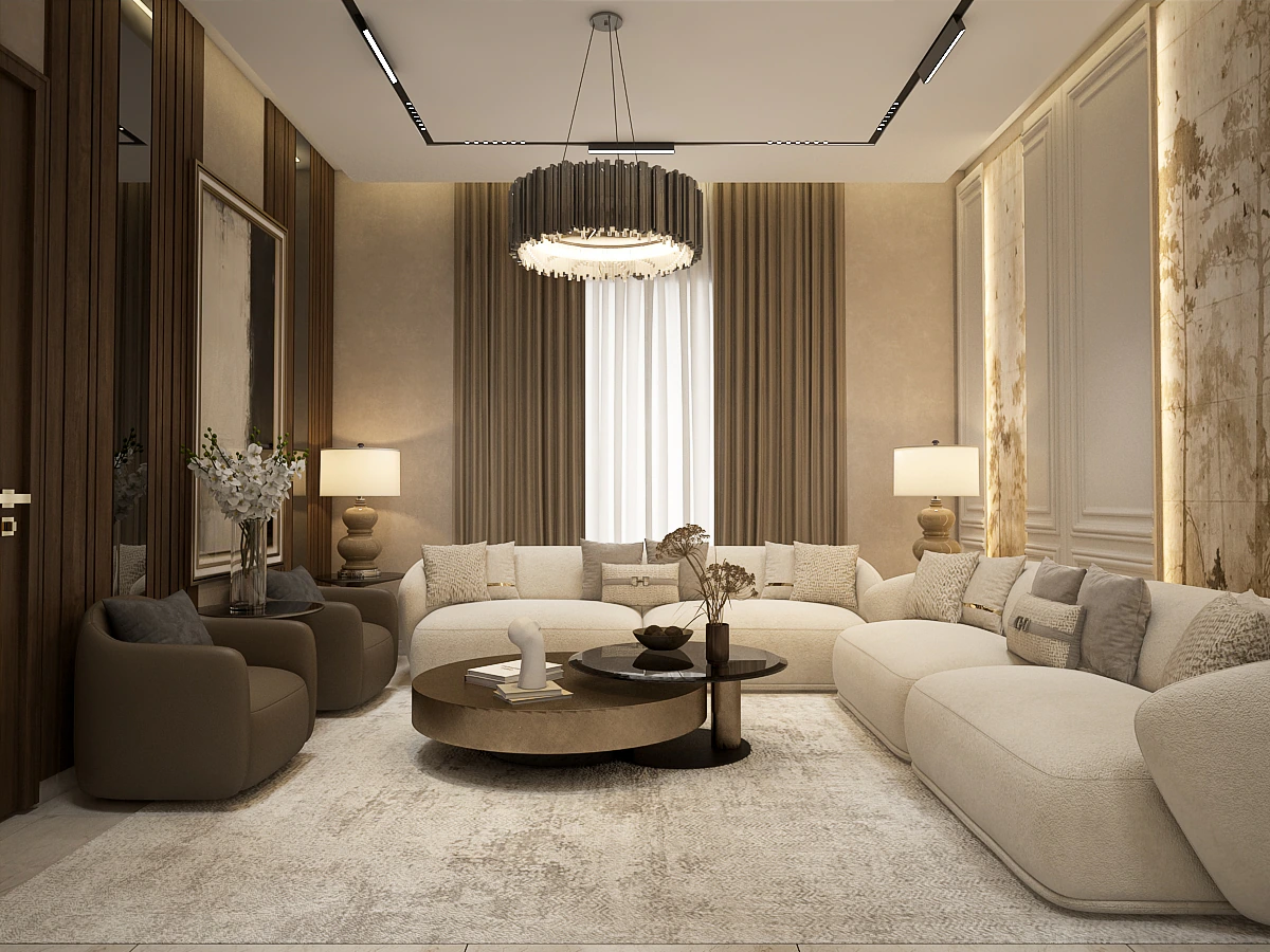 Orchard Green Residence — layered lighting across warm, natural materials