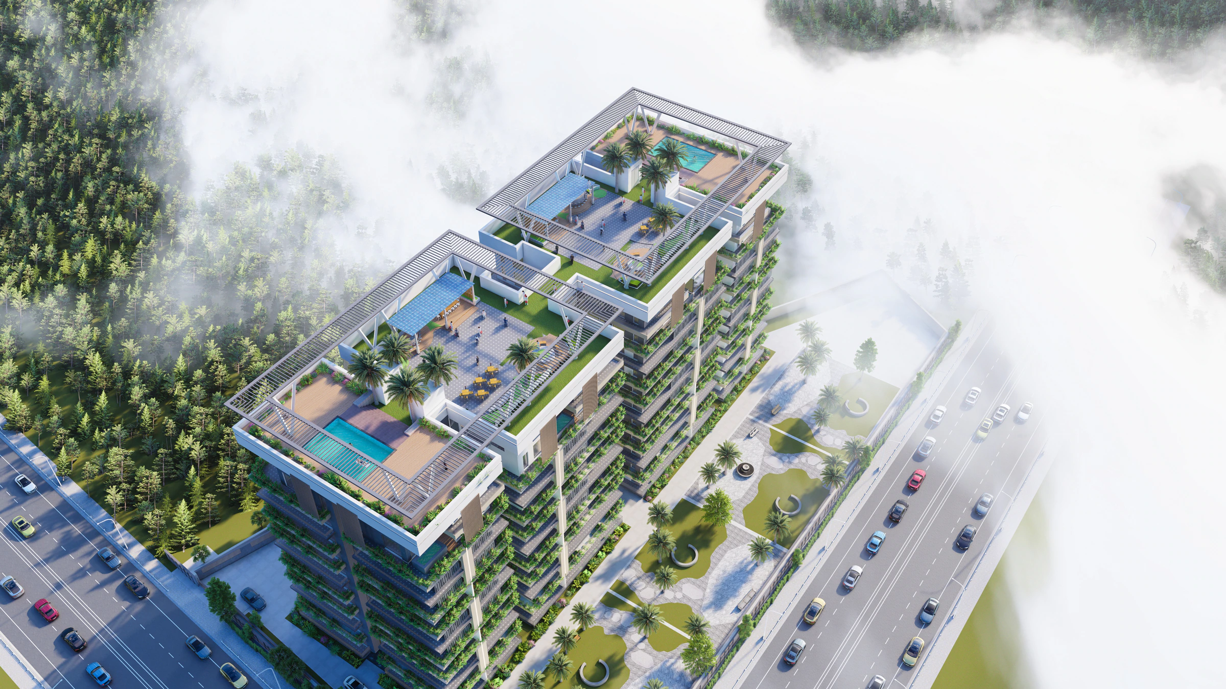 Emaaz Studio Apartments — expansive balconies and clean forms planned to draw daylight deep into every unit