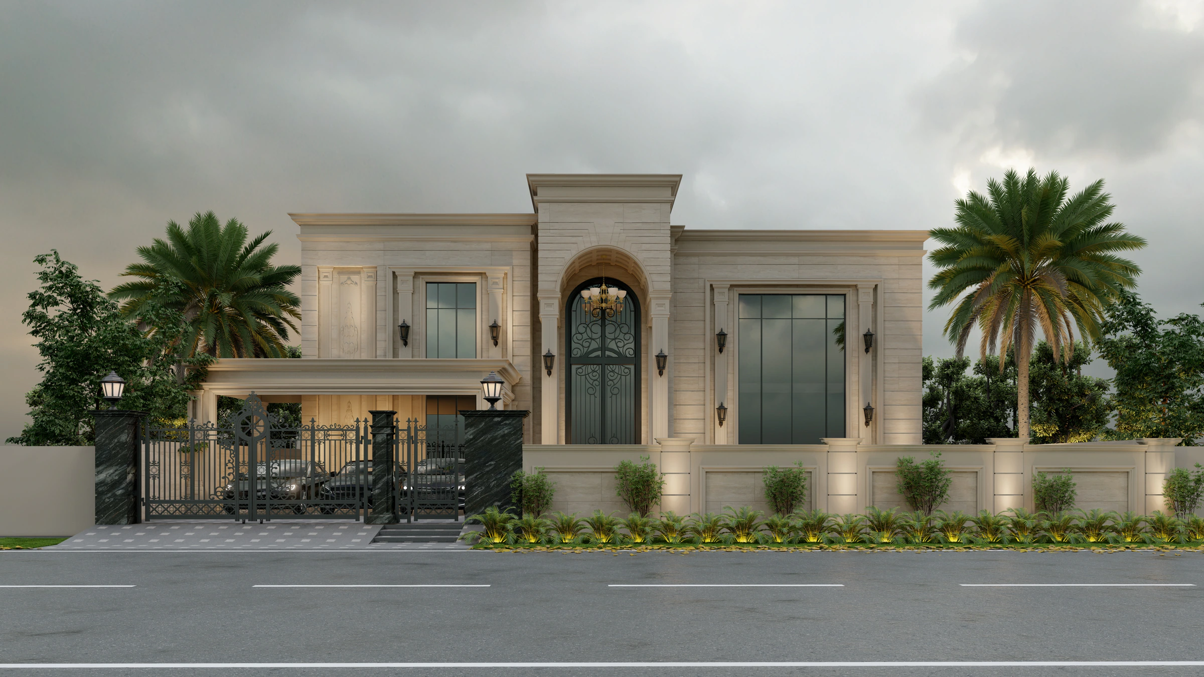 A magnificent luxury home with integrated landscaping and sophisticated exterior lighting