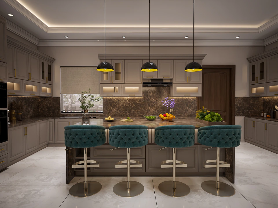 Wapda Town Residence — a classical island with seating turns the kitchen into the home's gathering place