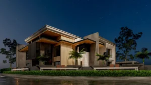 a modern architecture with mixed use of glass, solid wood, natural stone, lush green grass with trees. 