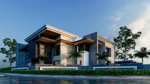 a modern architecture with mixed use of glass, solid wood, natural stone, lush green grass with trees. 