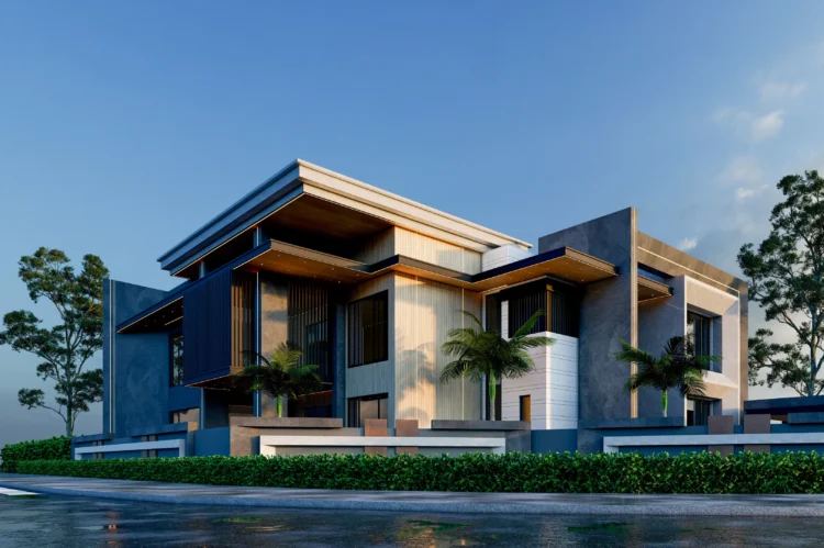 a modern architecture with mixed use of glass, solid wood, natural stone, lush green grass with trees.