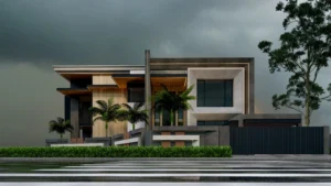 a modern architecture with mixed use of glass, solid wood, natural stone, lush green grass with trees. 