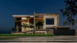 a modern architecture with mixed use of glass, solid wood, natural stone, lush green grass with trees. 