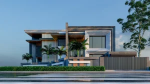 a modern architecture with mixed use of glass, solid wood, natural stone, lush green grass with trees. 