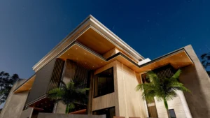 a modern architecture with mixed use of glass, solid wood, natural stone, lush green grass with trees. 