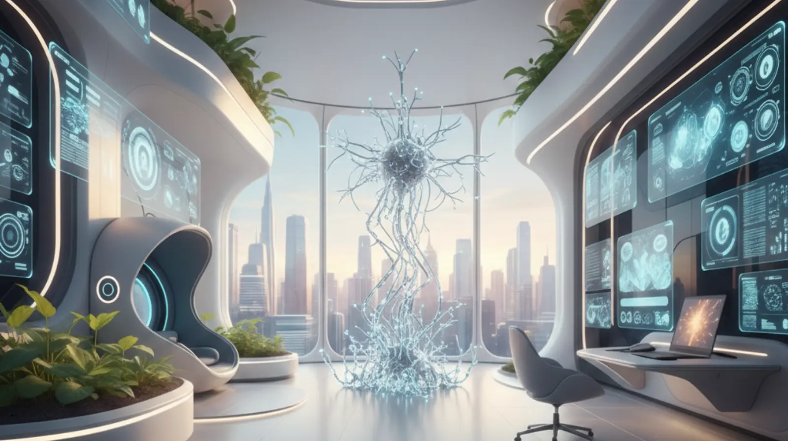 Futuristic interior architecture office in 2026 showcasing the convergence of wellness and technology with biophilic design and holographic displays.